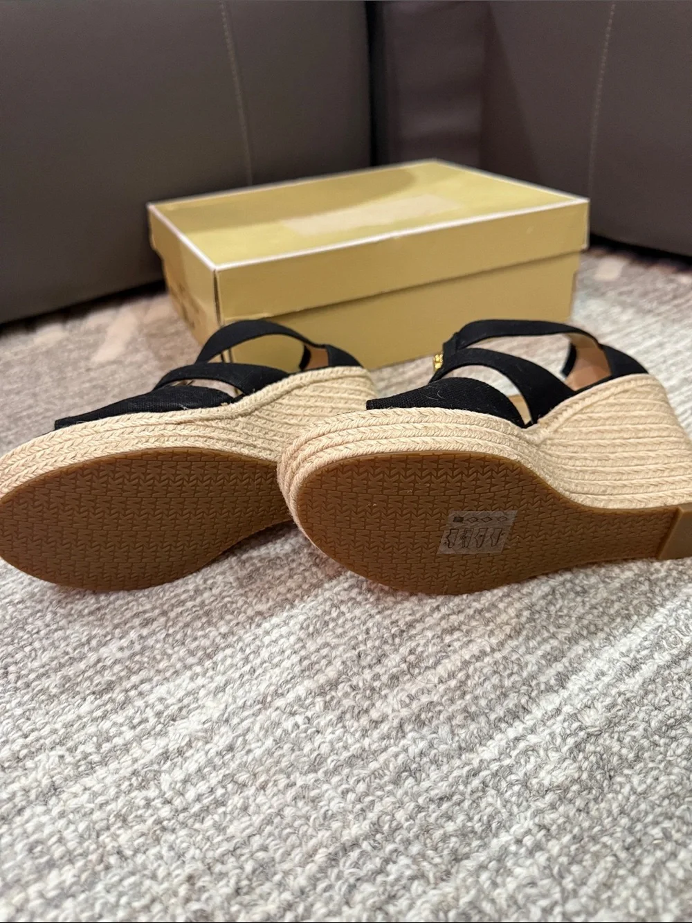 Michael Kora Black Wedge Espadrille Sandals with Gold Zip